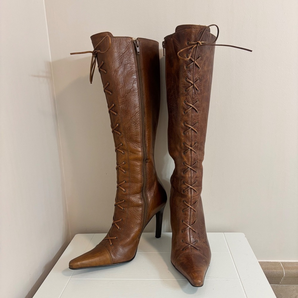 Steve Madden Brown Leather Lace Up Knee High Boots Y2K Pirate Renaissance 8.5B